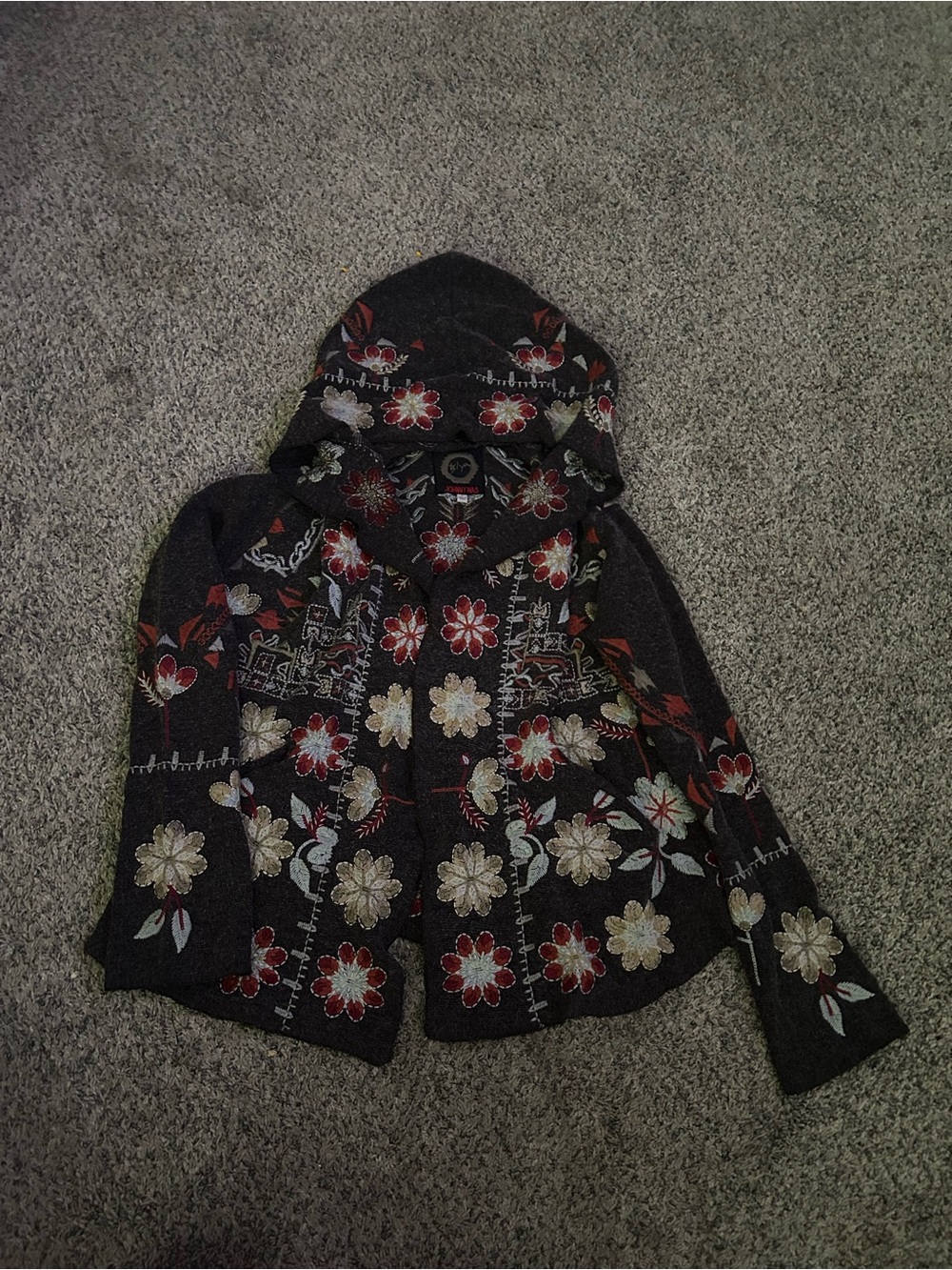 Johnny Was Black Hooded Teddy Jacket with Red & Cream Floral Embroidery